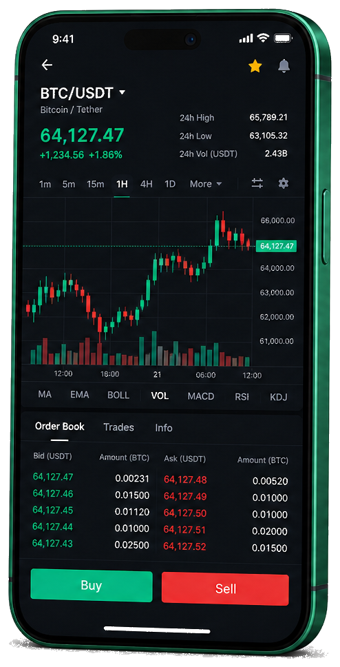 Beacon Kapithold mobile trading platform — live BTC/USDT chart, order book and buy/sell interface